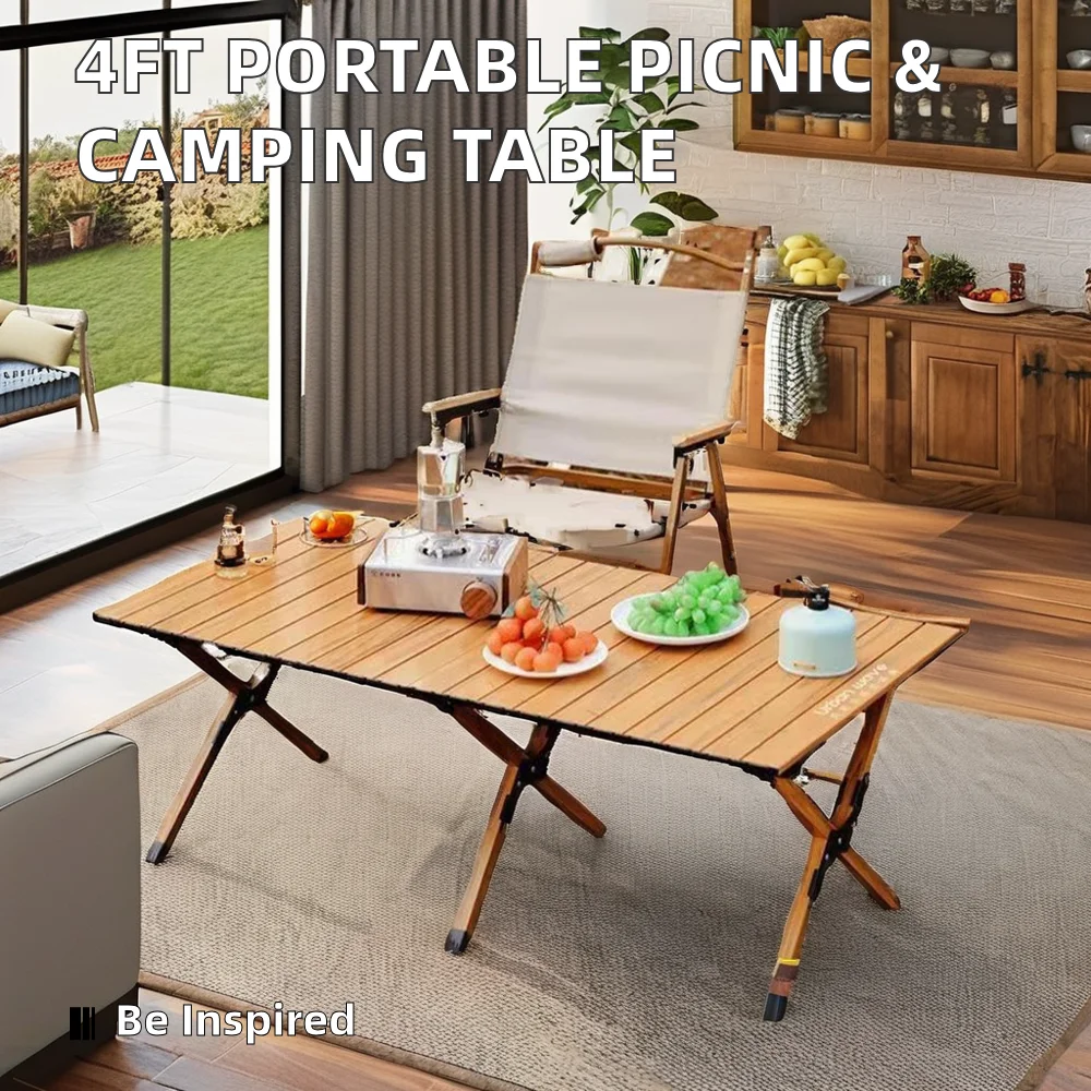 Portable 4ft Low Height Folding Picnic Table Modern Wood Design for Indoor/Outdoor Camping & Travel for Hotels & Kitchen Use