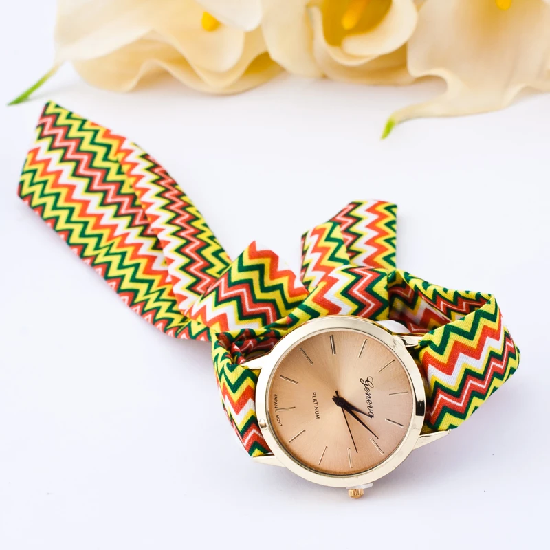 
Women Stripe Floral Cloth Quartz Watch Alloy Weave Wrap Wrist Watch Ladies Casual Simple Elegant Watch 