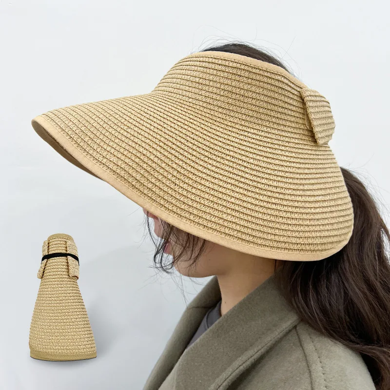 Stock Women Portable Casual Paper Straw Visor Cap Sun Beach Wide Brim Hat Airtop Visor Foldable Straw Hats