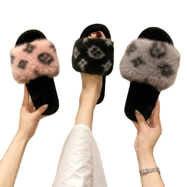 Wholesale Warm Soft Bedroom Shoes Women Men Plush Cotton Couple Cute House sandals Anti-slip Slippers Leopard print fur slippers