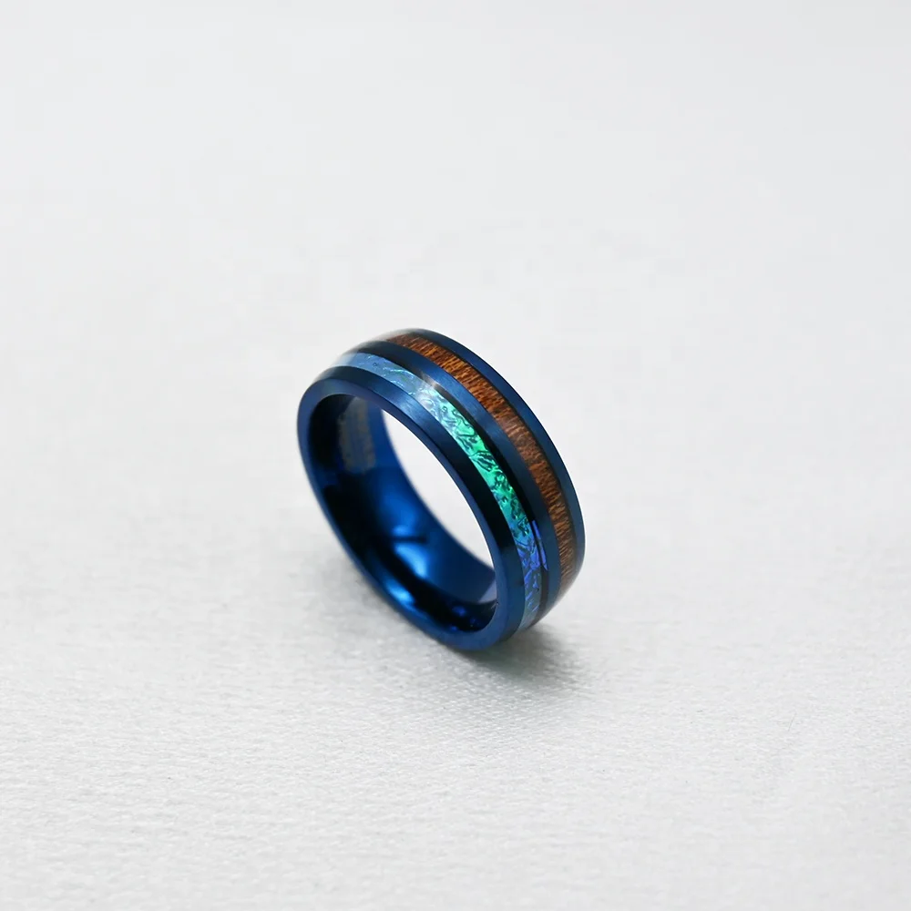 Wholesale Gunmetal Tungsten Ring For Men Koa Wood Thin Blue Line Pacific Sapphire turquoise Inlaid Rings