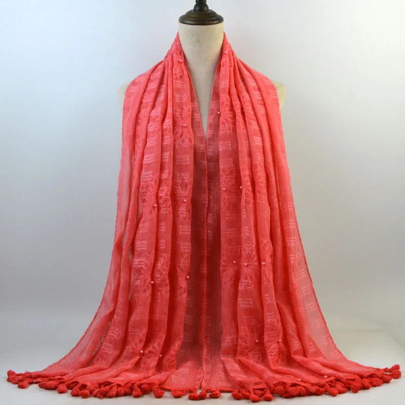 
New tie-dyed cotton and linen scarf Monochrome beaded embroidered fringed headband Sun protection travel vacation shawl 