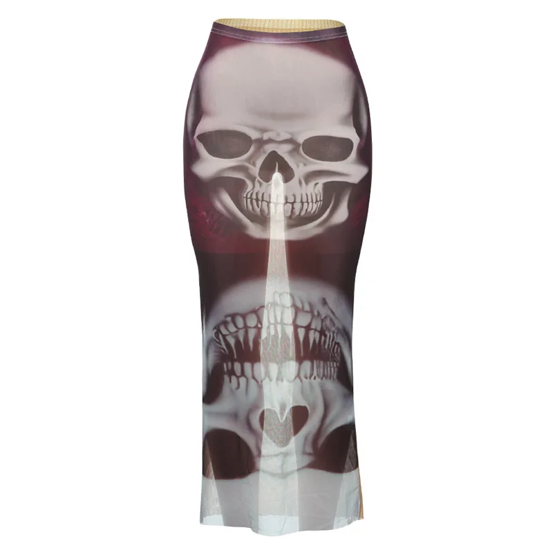 CUTENOVA Z1214DS 2025 Summer Trend Women Sexy See Through Skinny Stretch Long Skirts Print Skirts