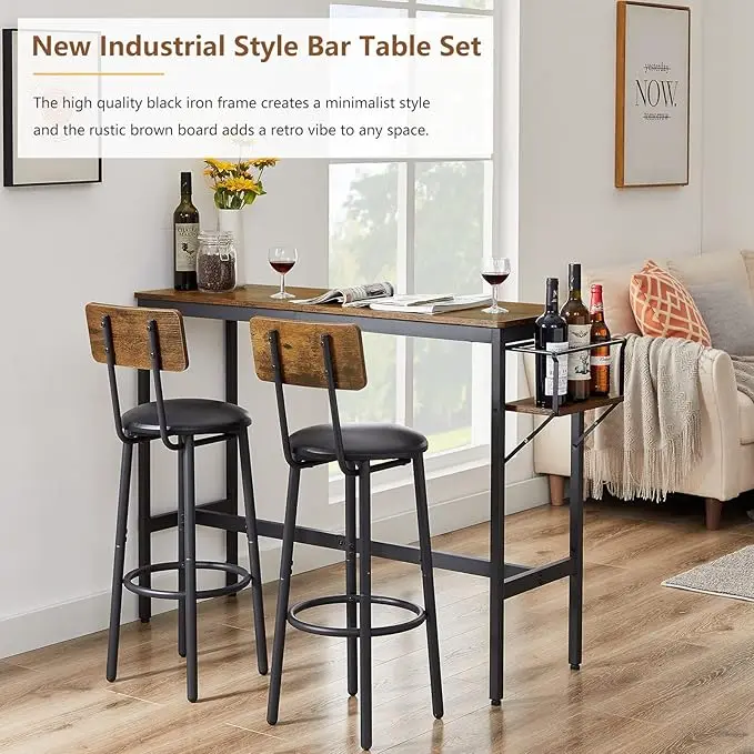 Bar Table and Chairs With Collapsible Bottle Holder for Kitchen Apartment Small Space