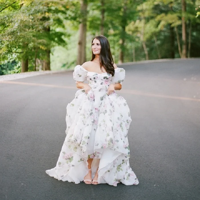 Elegant Women Lady Sheer Sleeves Floral Blossom Printed Organza Off Shoulder Maxi Dresses Womens Casual Dress with Tiered Skirt