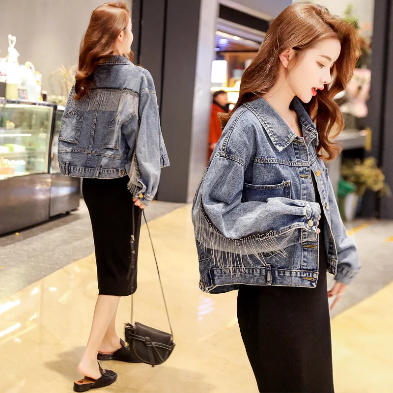 2022 Fashion Ladies Streetwear Bat Sleeve Loose Pocket Button Patchwork Fringe Females Rhinestone Tassel Denim Jean Jackets