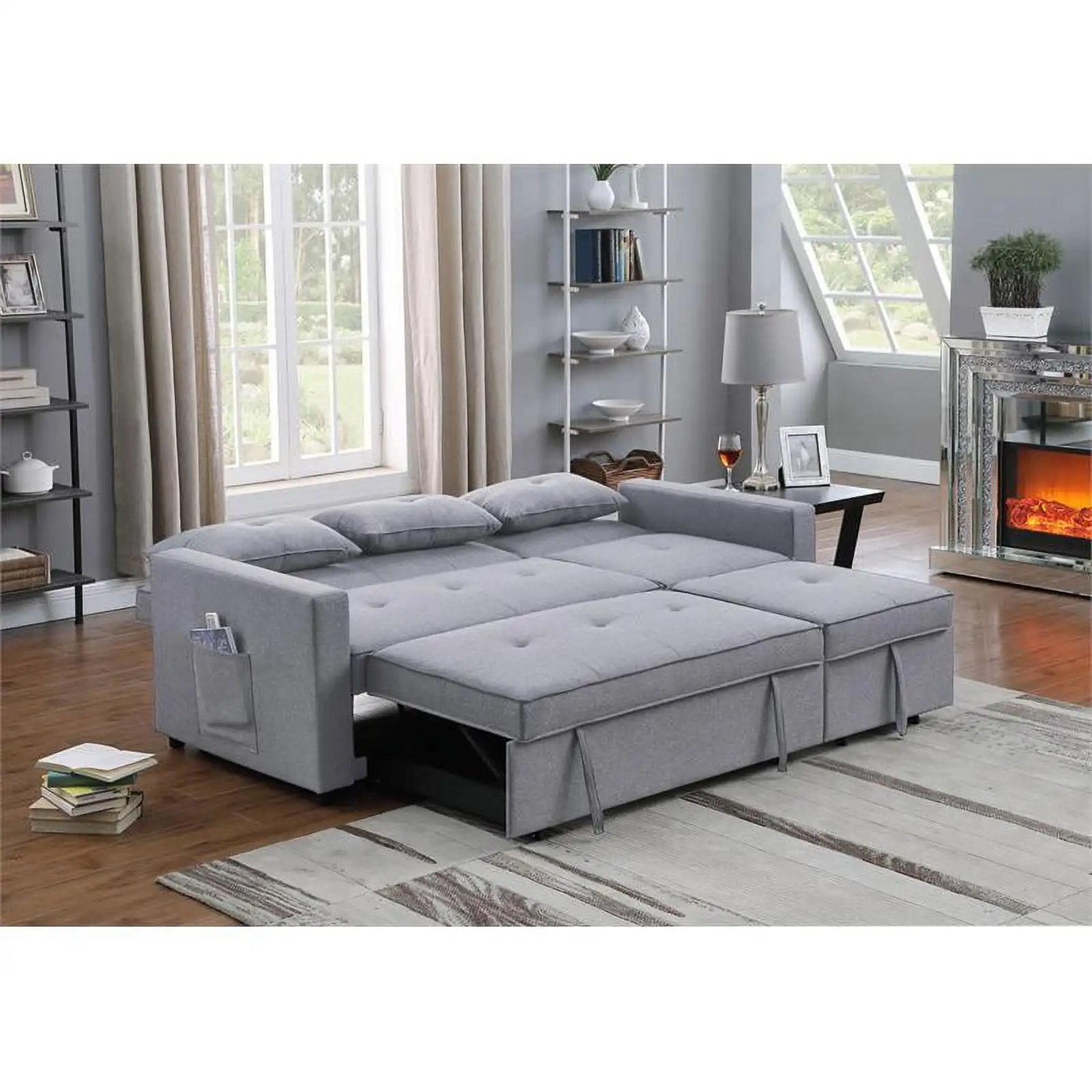 Adjustable Backrest Light Gray Solid Wood Frame Reversible smart l shaped Sectional sofas chair bed living room for Apartmetnt