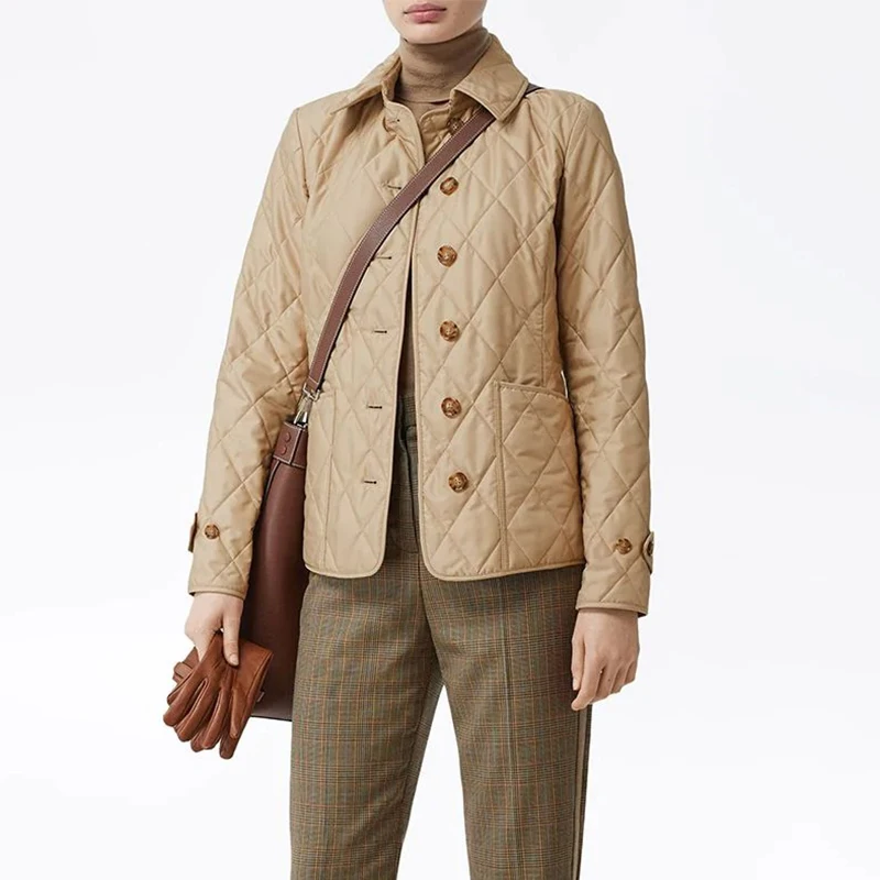 Oem Custom Winter Fashion Peter Pan Collar Long Sleeves Diamond Thermoregulated Quilted Jacket Coat For Women