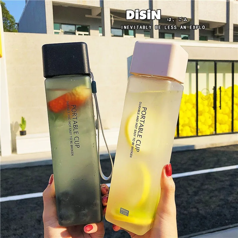 Square Frosted Plastic  Portable Transparent Bottle Fruit Juice Outdoor Sport Water  Bottle