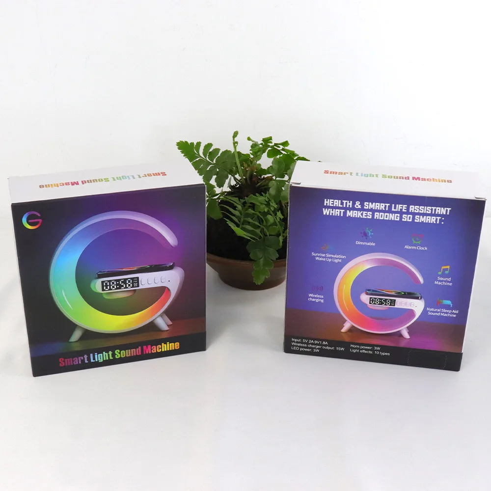 Mini G Shape Smart Desk Lamp, Cordless Bedside Table Lamp LED Wireless Charging Lamps with Speaker Alarm Clock