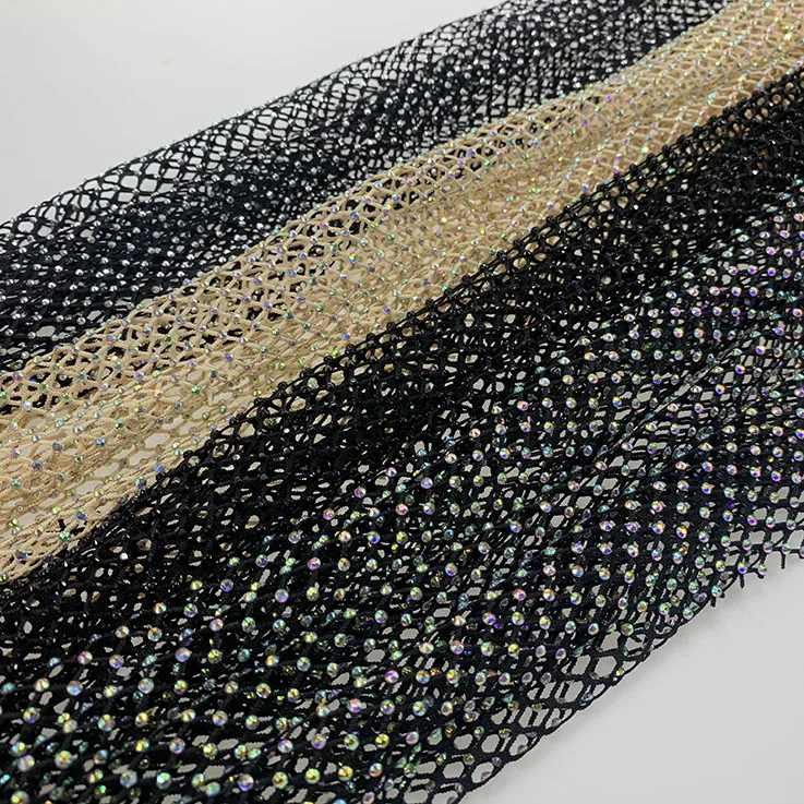 Custom High End Rhinestone Glitter Fabric Mesh Elastic Rhinestone Fabric Mesh Crystal Net Fishnet Rhinestone Mesh Fabric