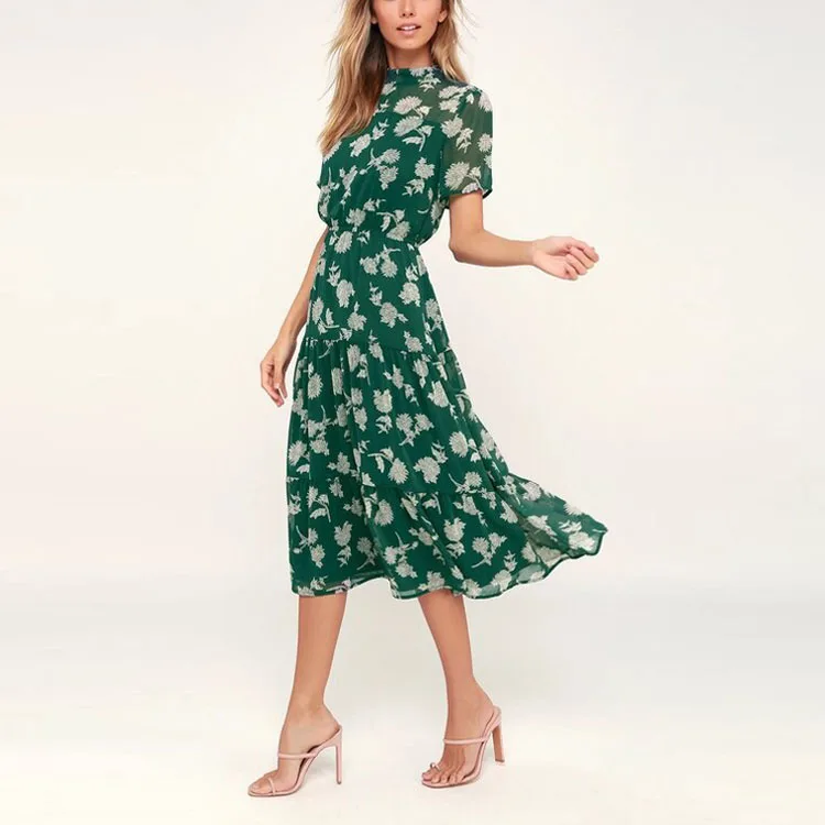 2021 New Arrivals Wholesale Cotton Customized Floral Women Print Midi Ladies Causal Dresses
