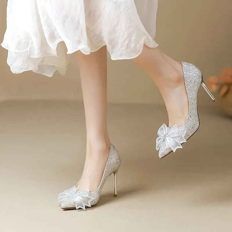 Dropshipping Custom Logo Silver Sequin High Heels Sexy Pumps for Women Height Increasing Ladies Wedding Heeled Shoes