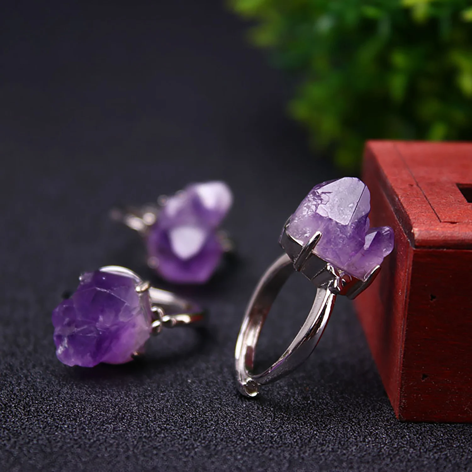 Raw Amethyst Engagement Ring for Women Men Girl Silver Druzy Quartz Crystal Irregular Genuine Stone Adjustable Ring