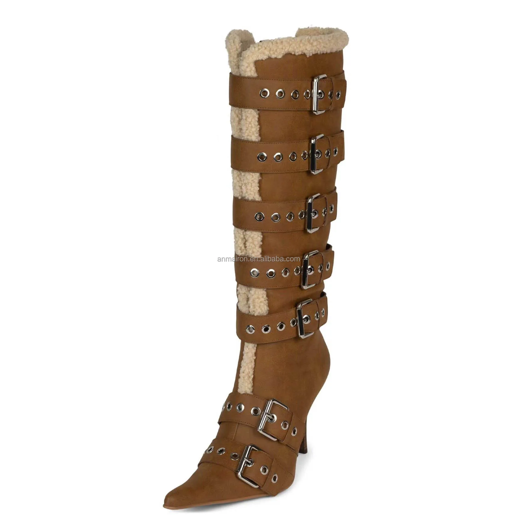 Fashion Brown Suede Pointed toe high heel boots wood heels anti-slip Snow Boots Square buckle Winter Brand Boots