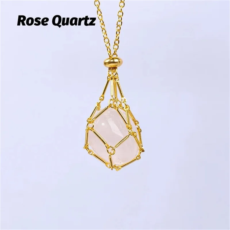 Wholesale White Pink Quartz Tiger Eye Agate Stainless Steel Metal Net Weaving Crystal Stones Jewelry Necklace For Women