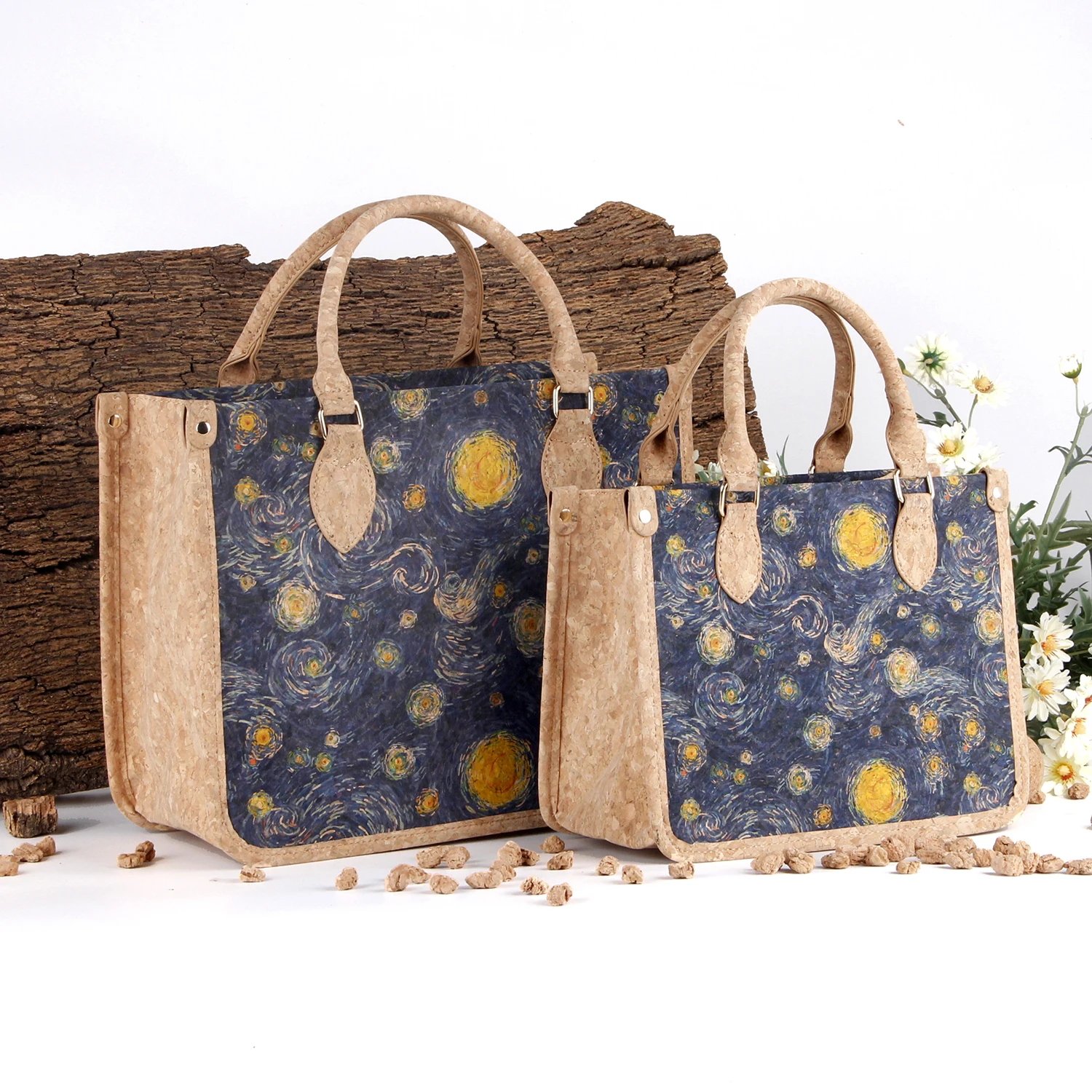 Factory Wholesale New Fashion  Van Gogh Style Customized Cork Printing Crossbody Ladies Travel Handbags Square Tote Bag For Girl