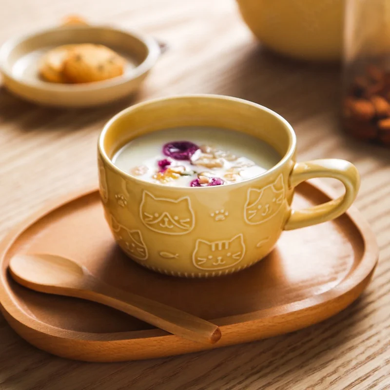 Hot Selling Creative Cute Lovely Animal Cat Ceramic Coffee Mugs Cups With Lid And Bamboo Spoon