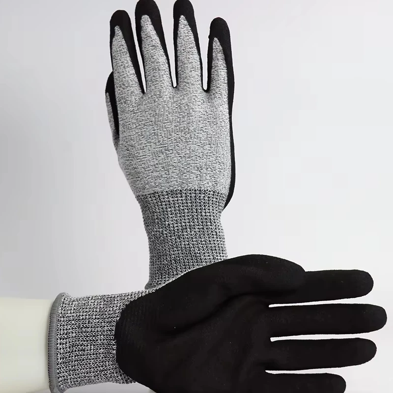 13 Gauge HPPE Polyester Knitting Black Nitrile Gloves Sandy Palm Coated Safety Work Gloves XL Size Anti-Slip Construction