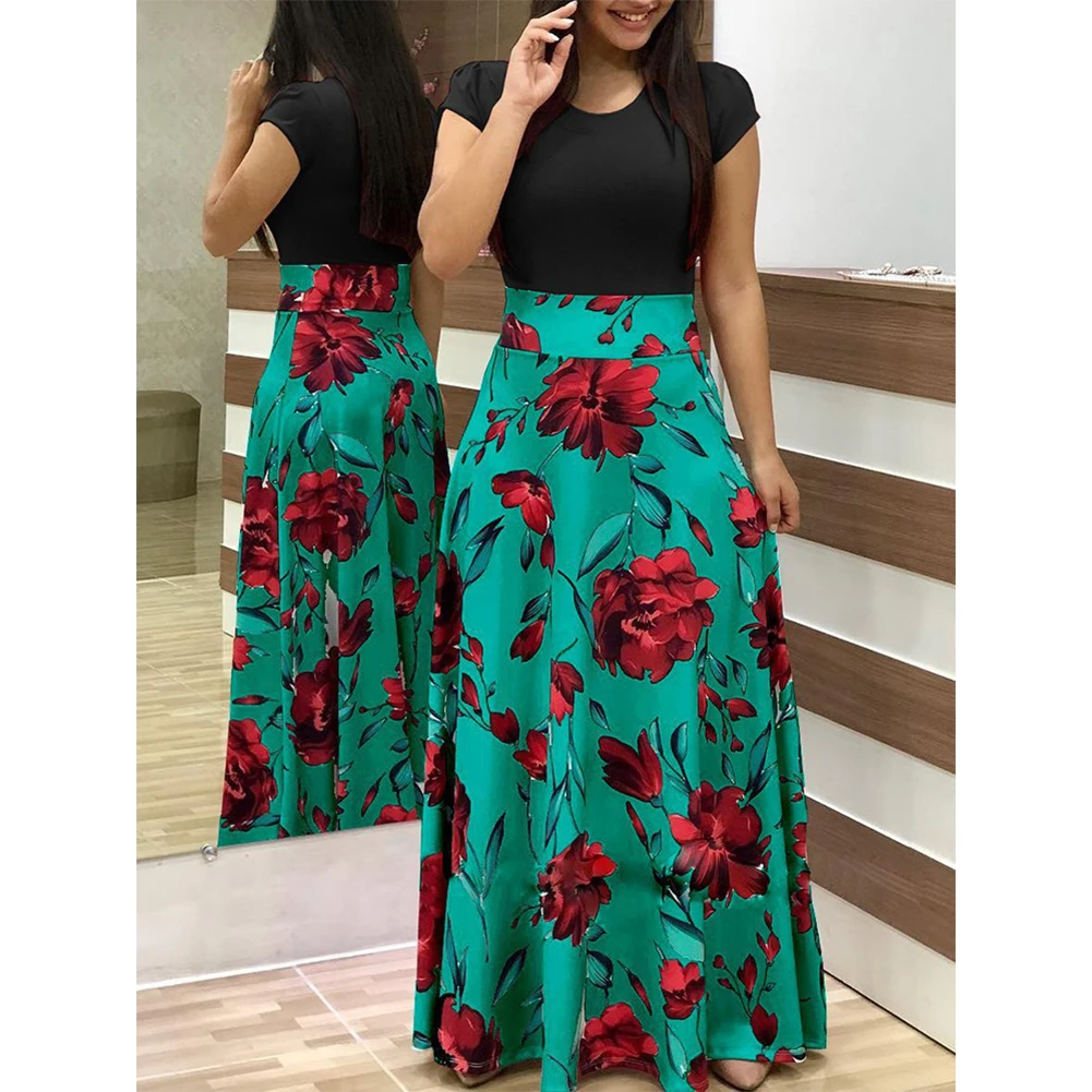 Stylish Elegant Color Matching Dress Flower Print Long Skirt For Women