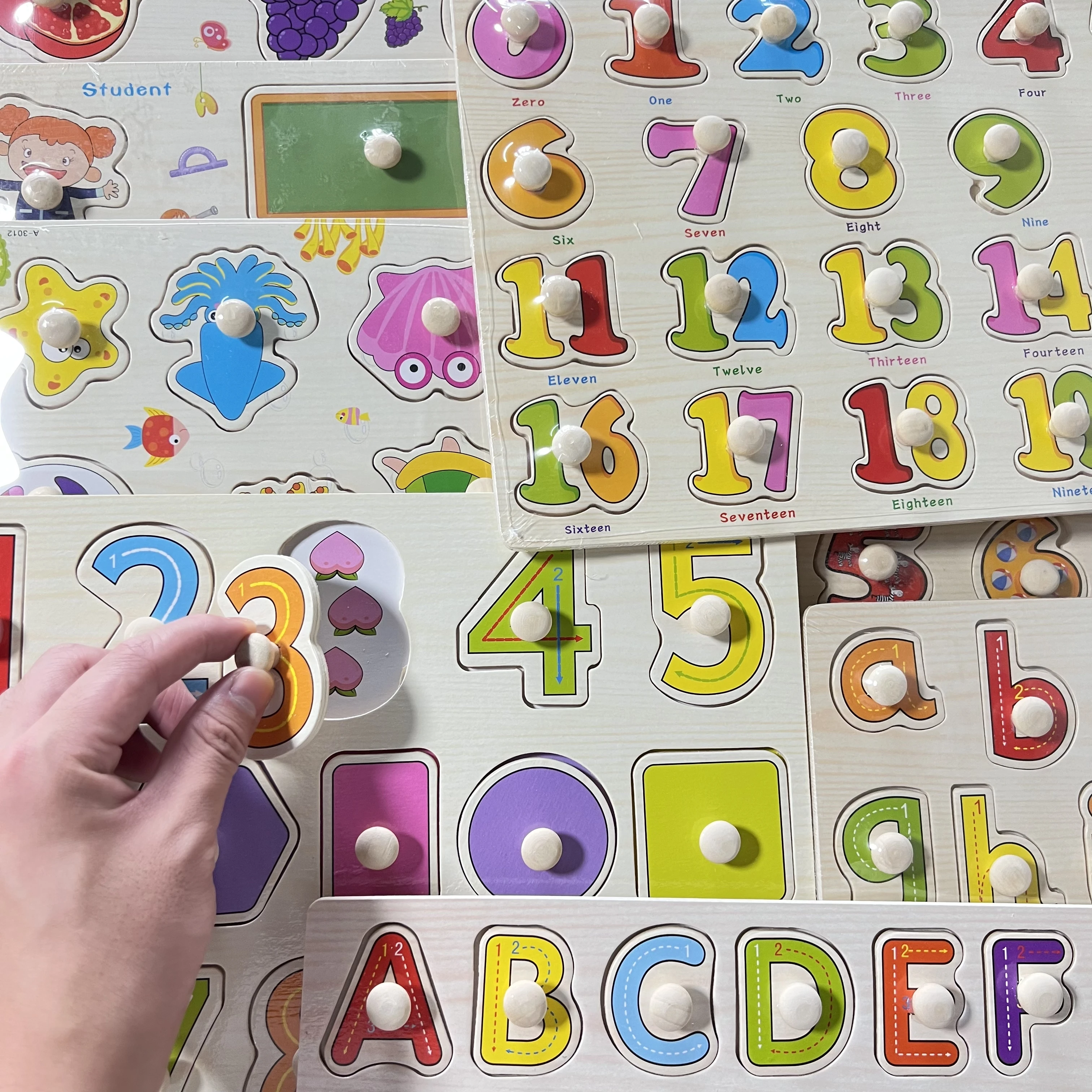 Montessori Wooden Alphanumeric & Animal Fruit Cognitive Puzzle Board Hand-Grasping Jigsaw Early Education Toys for Toddlers