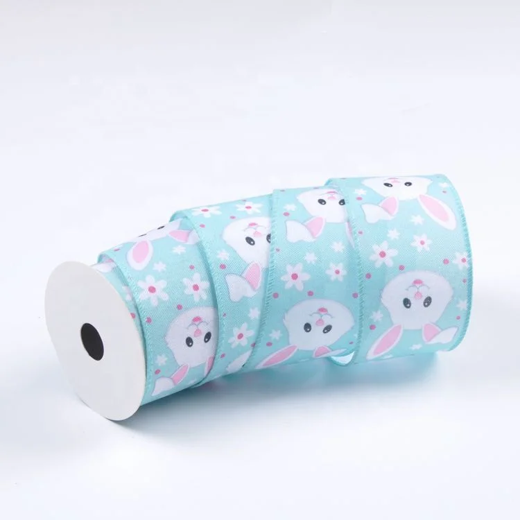2.5 inch rabbit pattern wired edge light blue linen fabric gift wrapping Ribbon with cartoons