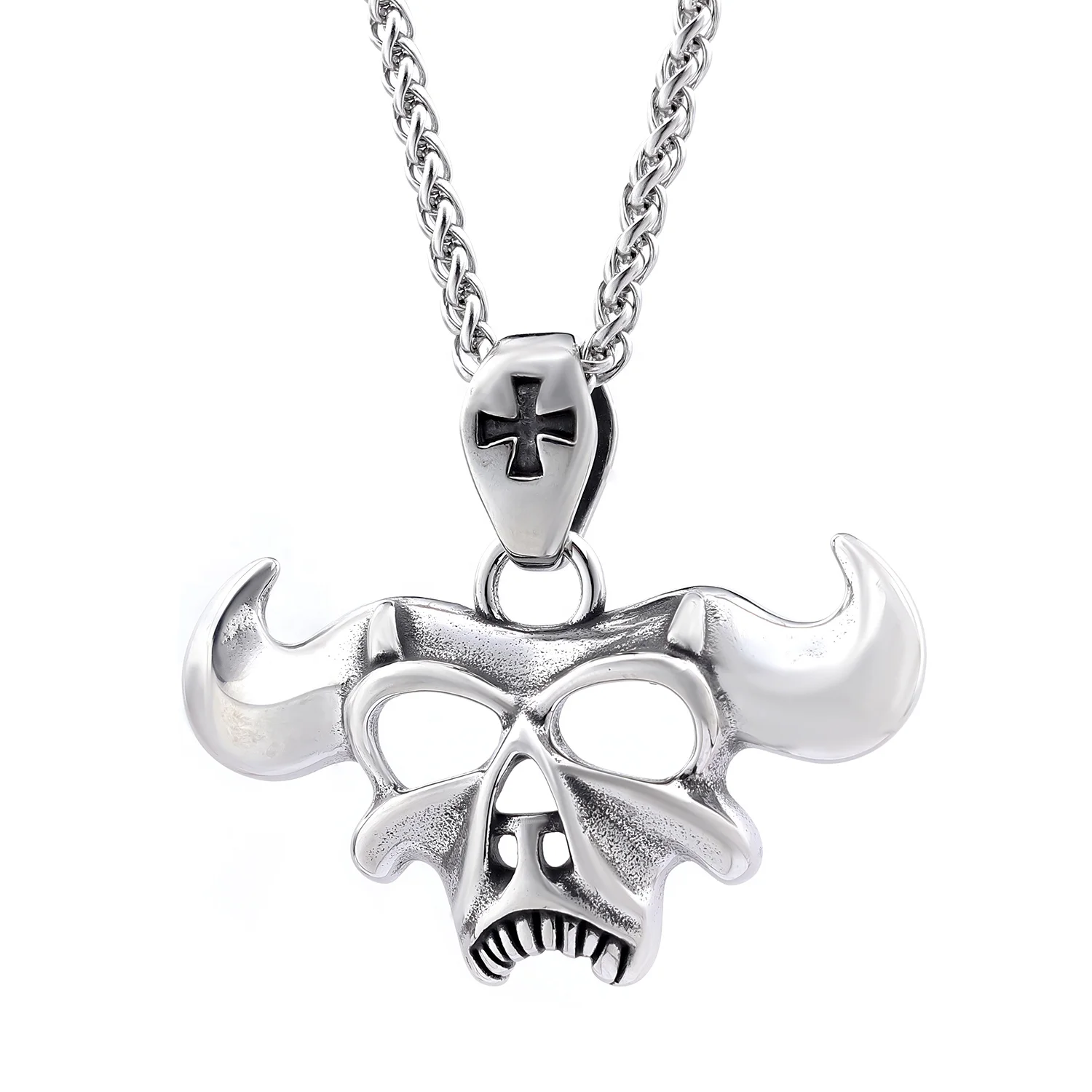 Gothic Horned Demon Skull Pendant Retro Stainless Steel Cow Satan Baphomet Ram Skull Necklace for Men Women