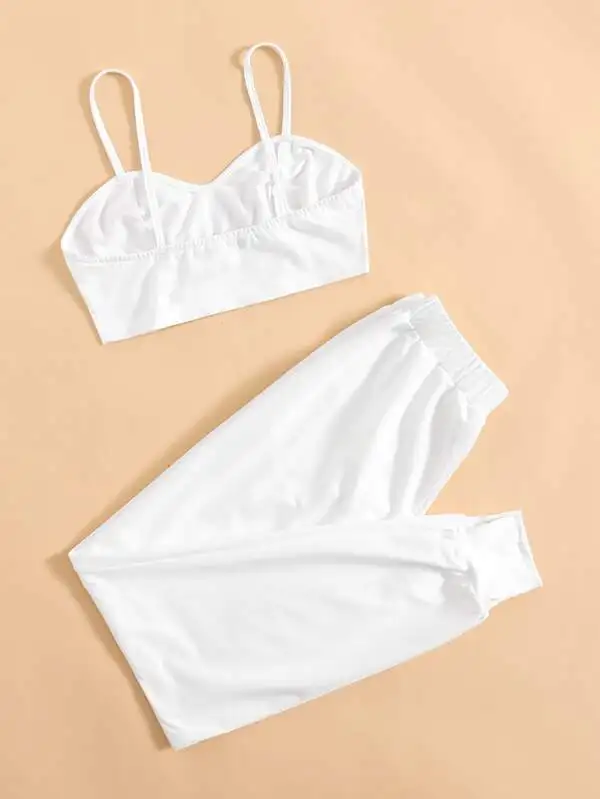 Wholesale Price Women Summer High Quality Cotton Camisole Trousers Two Piece Outfits Set Solid Crop Cami Top &