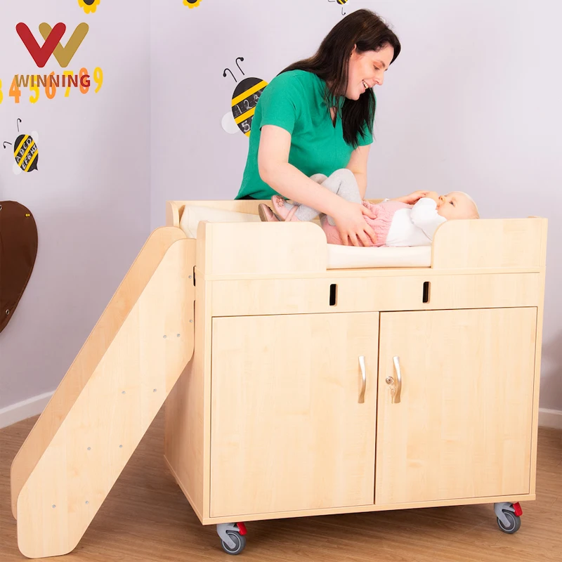 Winning Montessori Suppliers Changing Table Organize Childcare Center Furniture Baby Table Station Preschool Wood Furniture