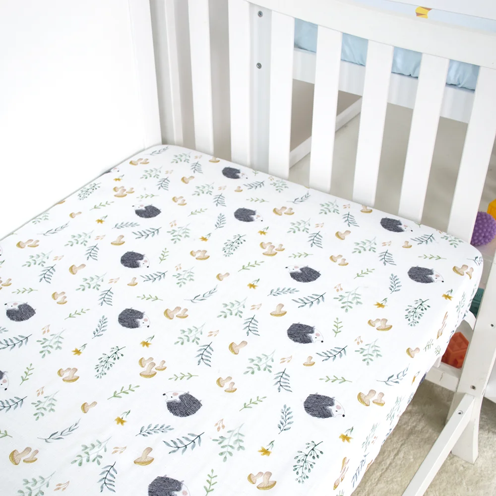 Cartoon Design Printed 100% Cotton Muslin Crib Fitted Sheet Set High Quality Baby Muslin Crib Sheet