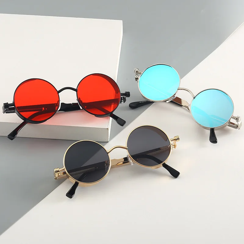Quality Logo OEM vintage funky round metal frame sun glasses fashion UV400 steampunk sunglasses for men/women