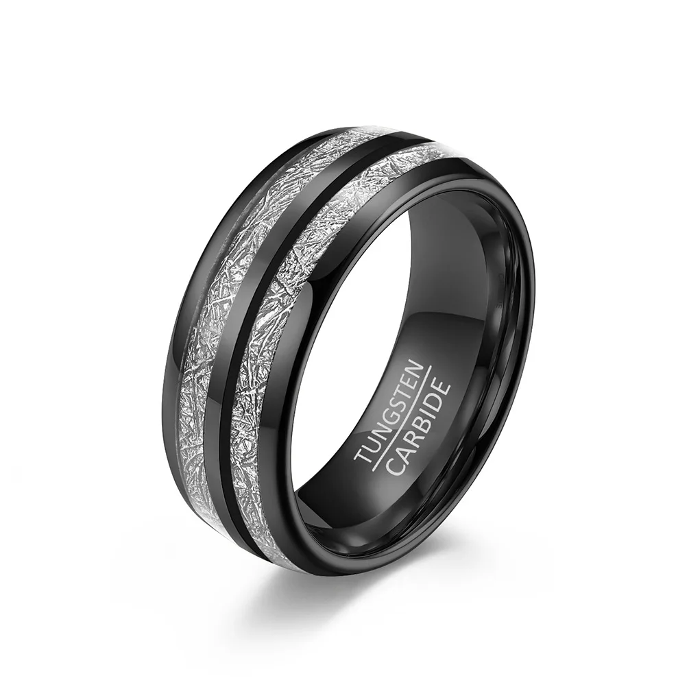 Poya Ready To Ship Fashion Imitation Meteorite Two Line Inlay Rose Gold Black Tungsten Ring
