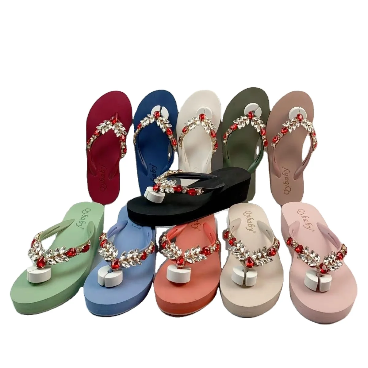 Thick sole slippers ladies flat beach sandals shoes handmade sequins slides slippers chain rhinestone flip flops for women