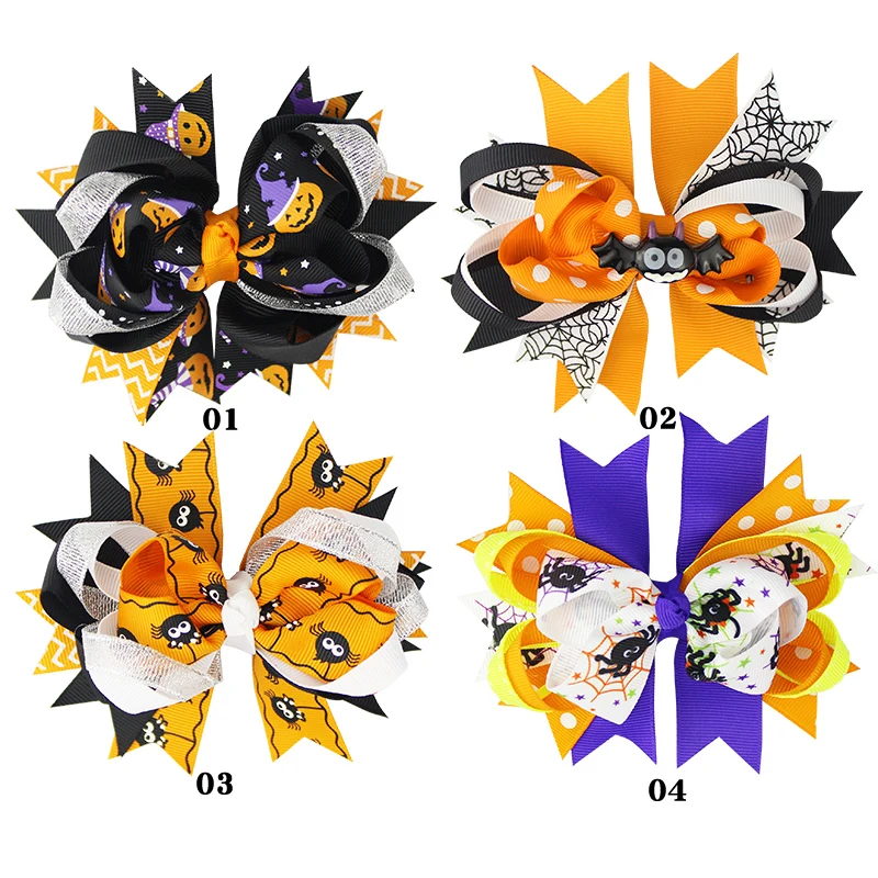  HCArtware 4 pack Halloween hair clip set for girls Boutique ribbon bow