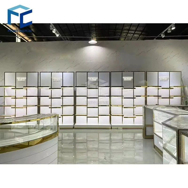 Modern Luxury Mdf Jewelry Shop Furniture Wall Display Shelves Counter Design Jewelri Showcase For Shopping Mall