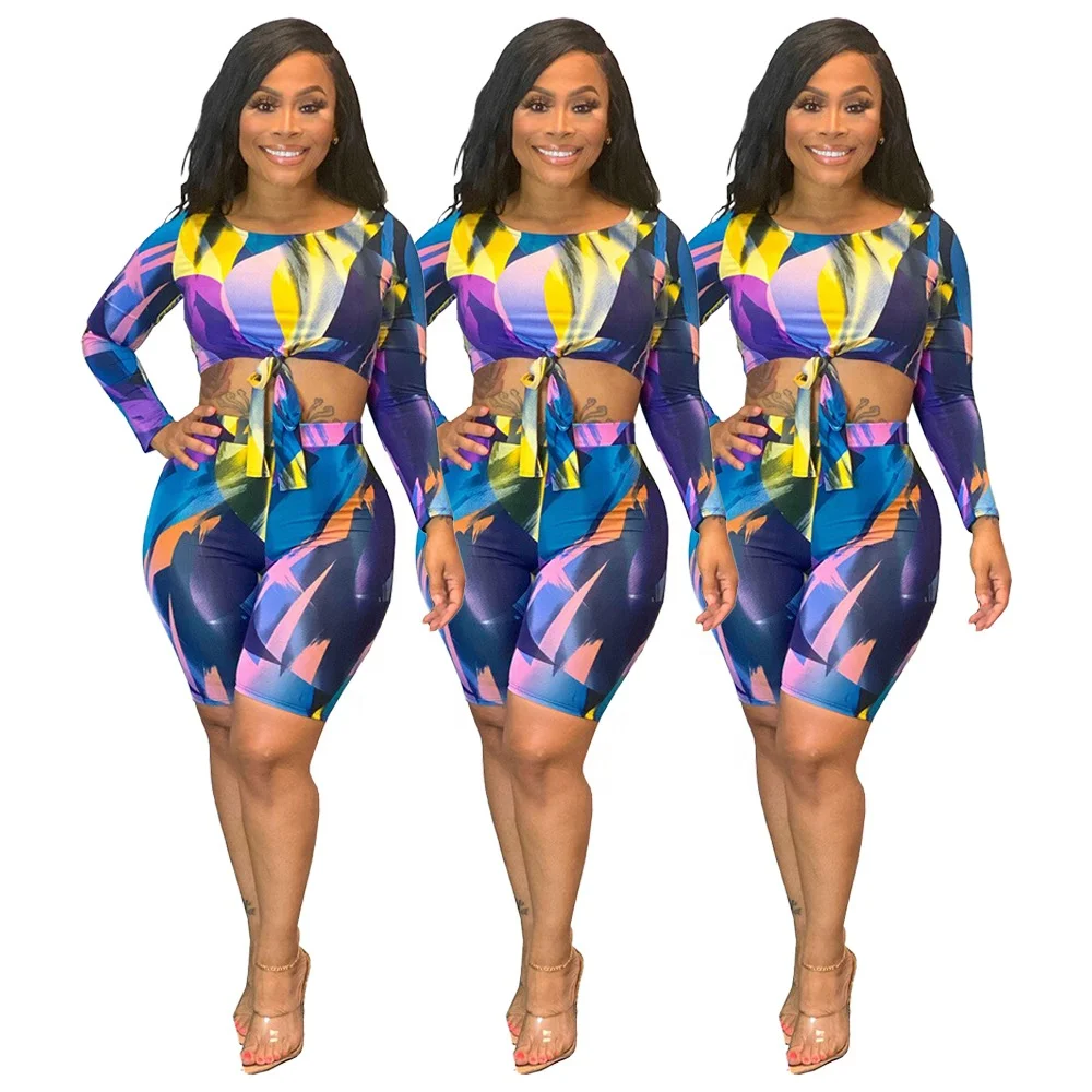 KX-A5224 2022  Summer fashion long sleeve t shirt and shorts two piece sets new printed straps women 2pc set