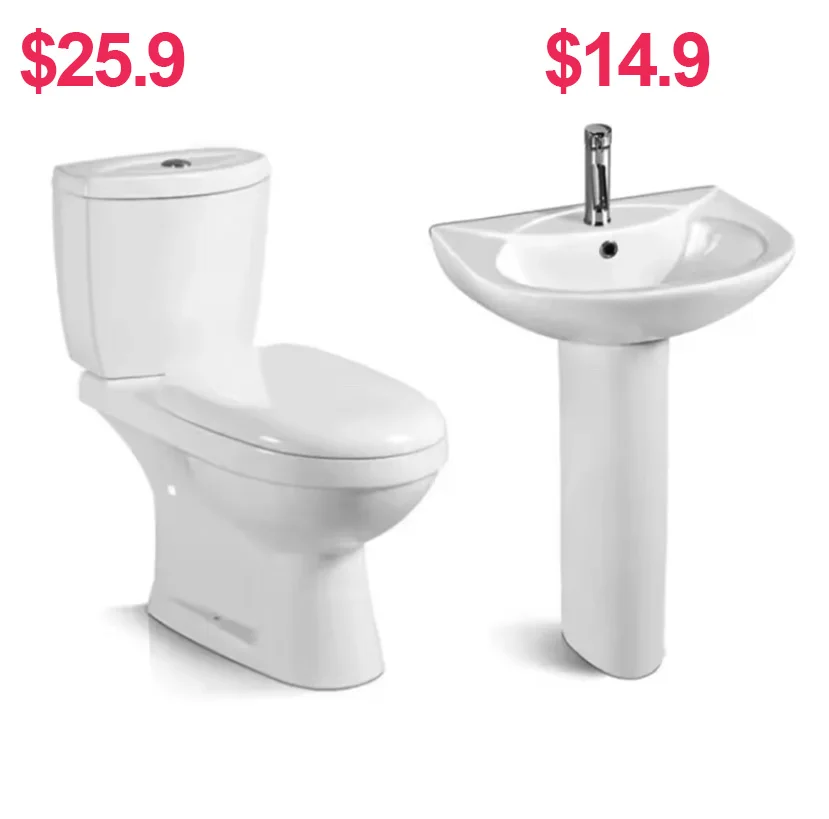 Wholesale cheap Toilette lavatory ceramic sanitary ware suite wc wash hand pedestal basin set sink  flush p trap western toilet