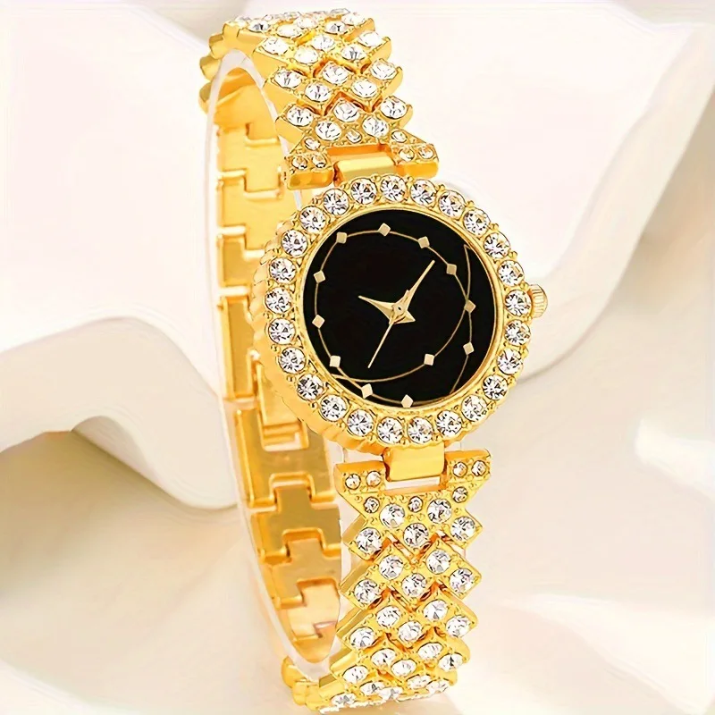 Fashion Gold Women Watch Diamond Bracelet+ring+necklace+earrings Full Crystal Watches Bracelet Gold Chain Clock for Female