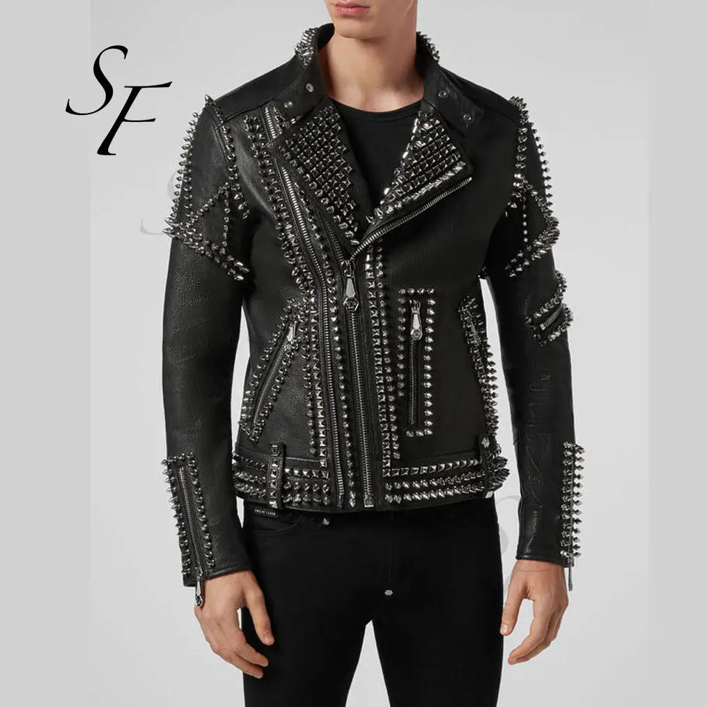Custom Soft Leather Jackets Coats Oversize Punk Studded Leather Jacket Black Rivets Washed PU Biker Rock Fashion Jacket For Men