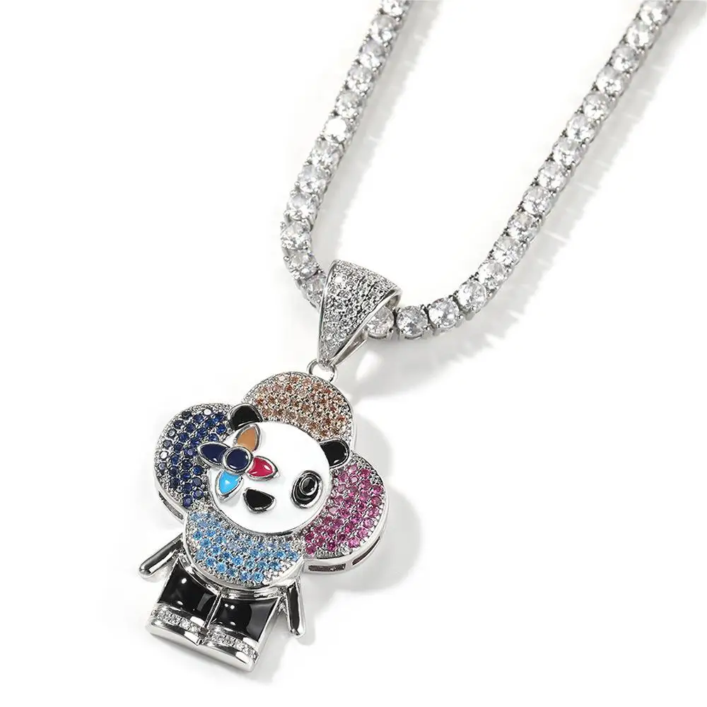 DE Fancy Iced Out Fashionable 18K Gold Plated Creative Panda Donkey Flower Sparkling Zirconia Pendant Necklace