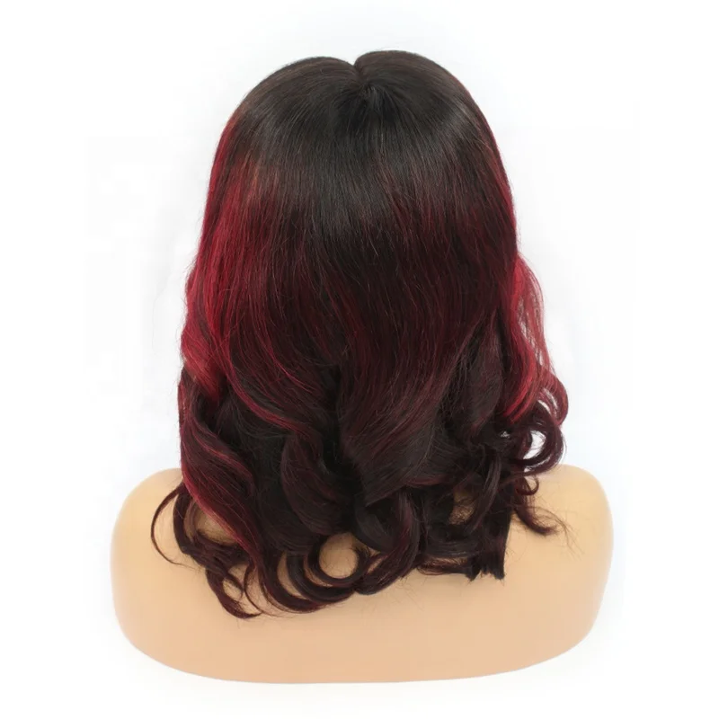 Highlight Wig Short Bob Natural Black and Red Mixed Colored Wig Human Hair Body Wavy 13*4 Lace Front Wig