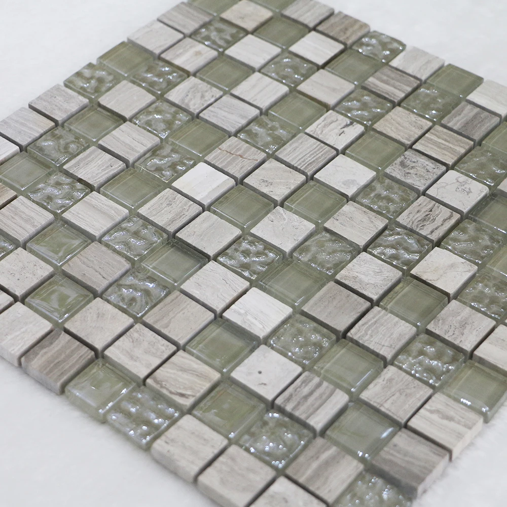 Grey Wood Grain Marble mixed glass mosaic anti slip bathroom tiles outdoor swimming pool wear-resistant tiles