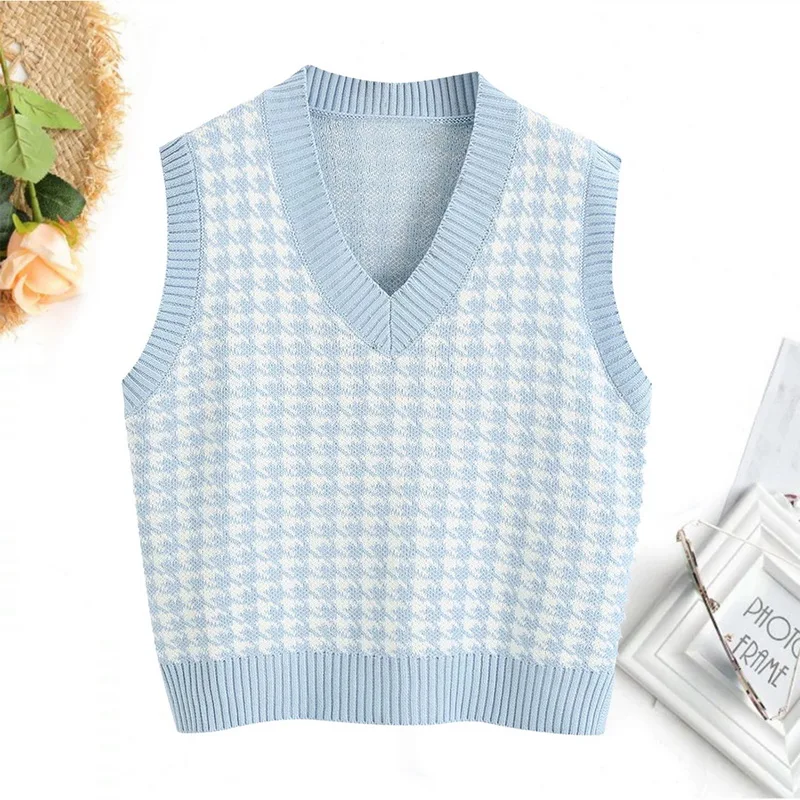 
Women Houndstooth Vest Sweater Casual V Neck Sleeveless Autumn Winter Knitted Pullover Korean Style Pullover Loose Tops 