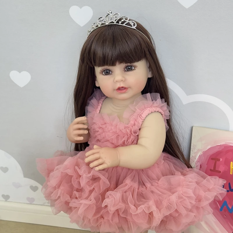 NPK 55CM full body soft silicone vinyl Reborn Stand Toddler Girl Doll lifelike Really Baby Doll with Pink Dress doll toys