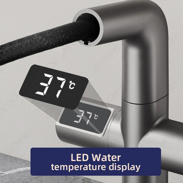 Kidolux Pull Out Basin Faucet Led Temperature Digital Display Basin Faucet No Splash Hot And Cold Water Taps for Face Wash Basin