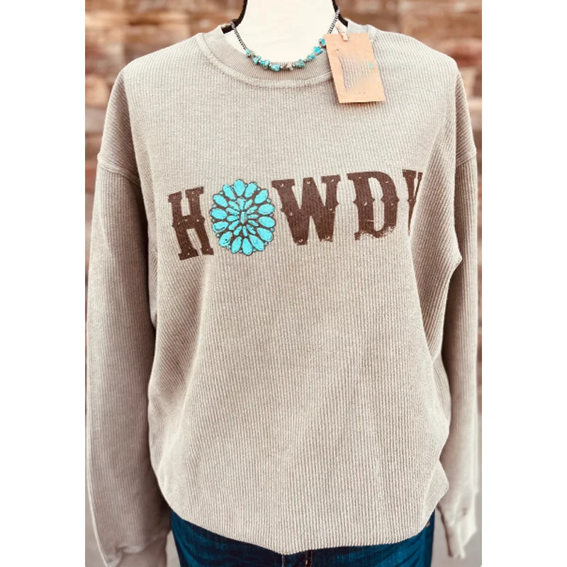 Custom Print Oversized Cowgirl Corded Sweatshirt Graphic Textured Sweatshirt Howdy Corded Crewneck Sweatshirt