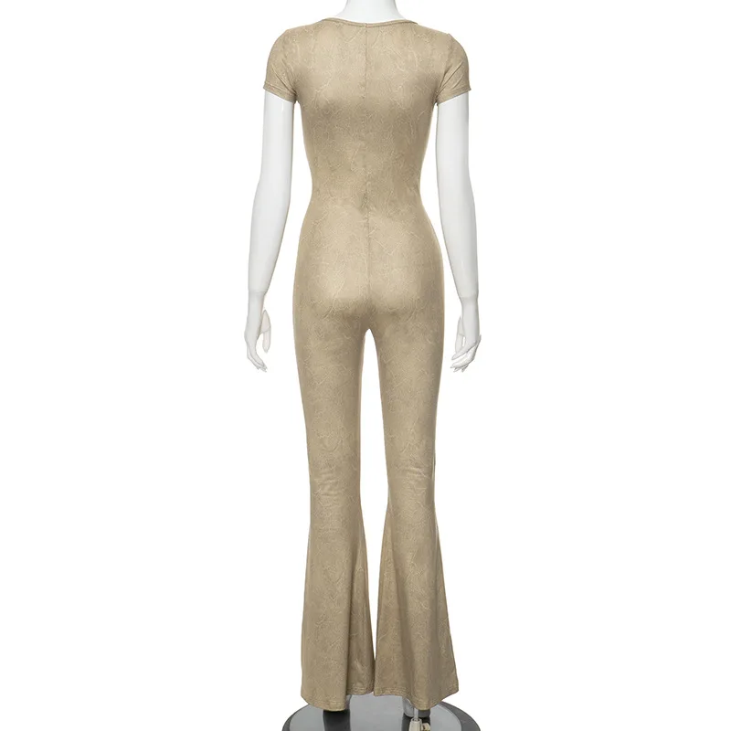 YY1763 New solid color U-neck short sleeve flared long pants bodycon jumpsuits for women