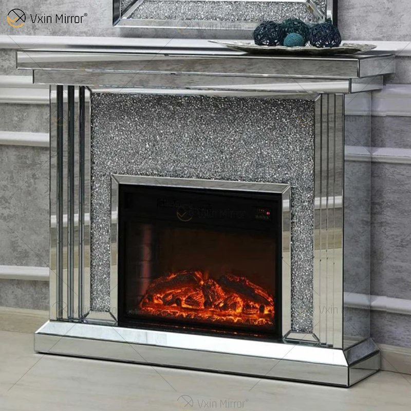 Manufactory direct living room decoration WXWF-1104 Crushed Diamond Modern Mirror Fireplace free standing fireplace indoor firep
