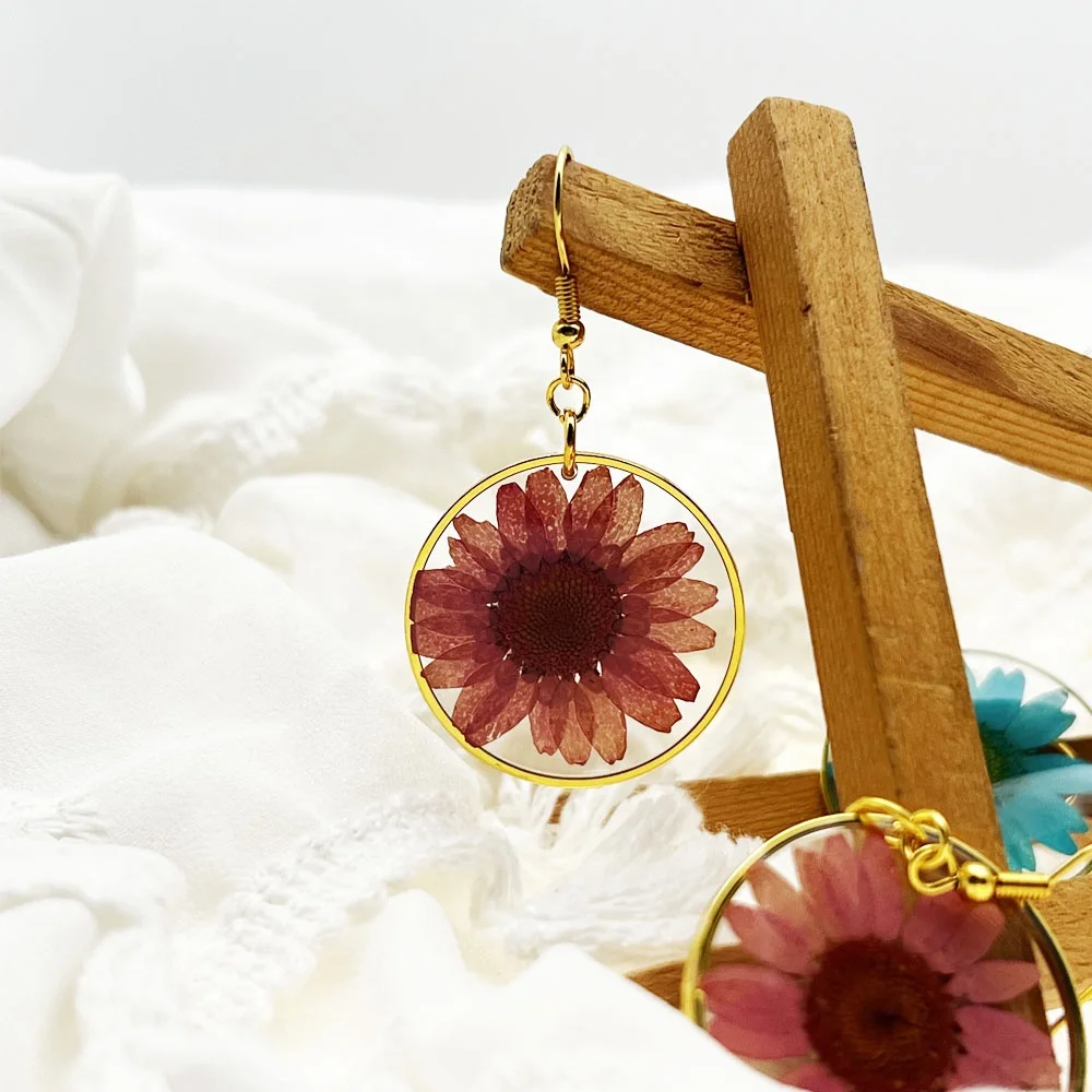 Fashion Gold Filled handmade Bohemian Resin Dried birth month Flowers daisy Stainless Steel Earrings hook For Party