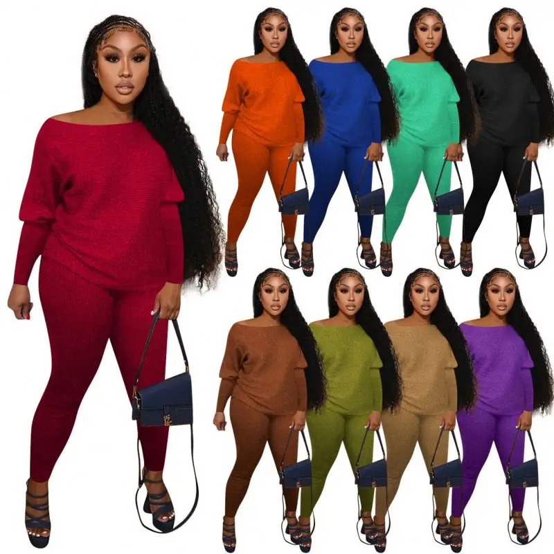 Hot Sale Ladies Solid Color off Shoulder Two Piece Pant Set Matching Outfit Casual Wear Fall Clothes for Women 2021